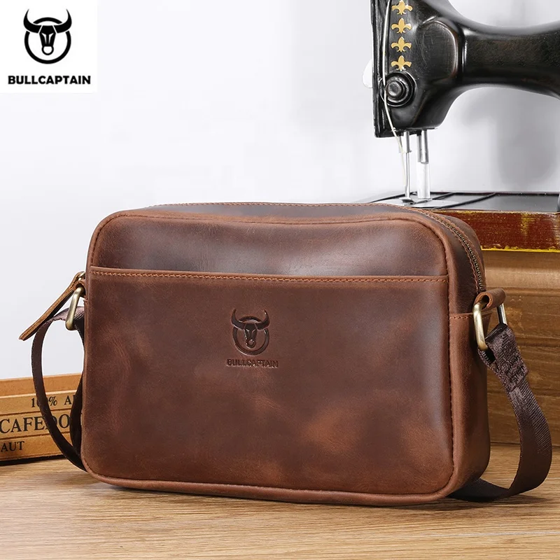 

BULLCAPATIN vintage crazy horse leather 9.5 inch pad genuine leather men anti theft shoulder messenger bag with many pockets