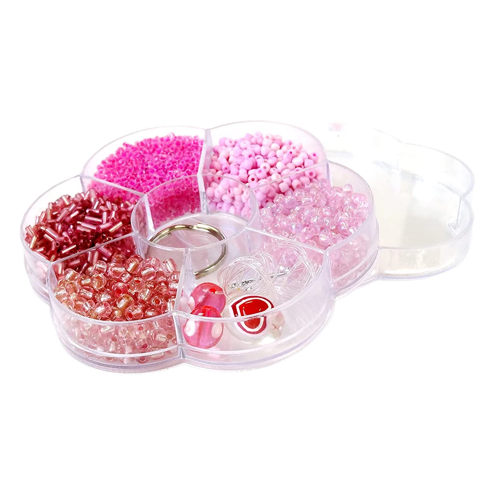 

21867 High quality Flower bead plastic storage box 7 spaces clear bead organizer with lid, Transparent
