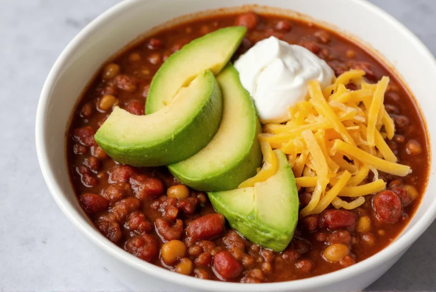 Close-up of slow cooker vegetarian chili served in a bowl with toppings: avocado slices, shredded cheese, and sour cream