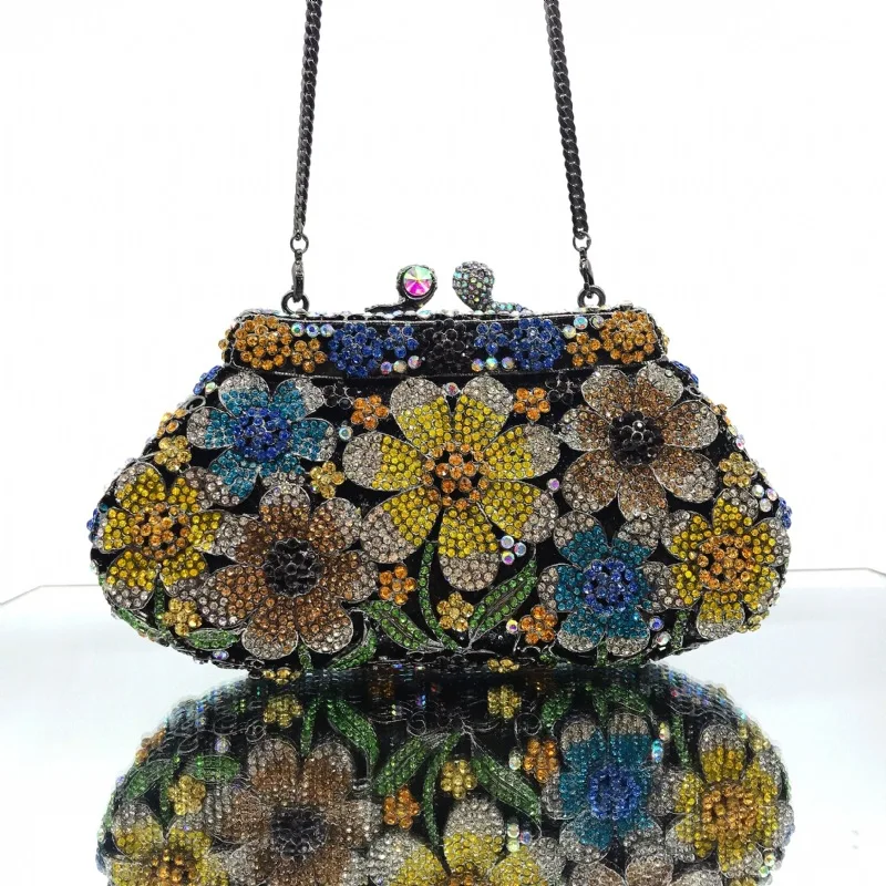 

2021 Luxury Fashion Bridal Party Bling Rhinestone Clutch Colorful Flower Diamond Crystal Women Dress Evening Clutch Purse, Customized