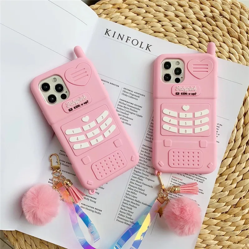 

Luxury Retro Phone Shape Cell Cover Soft Silicone Case Fundas with Hairball Keychain for iPhone 7 8 Plus 11 Pro 12 Pro Max