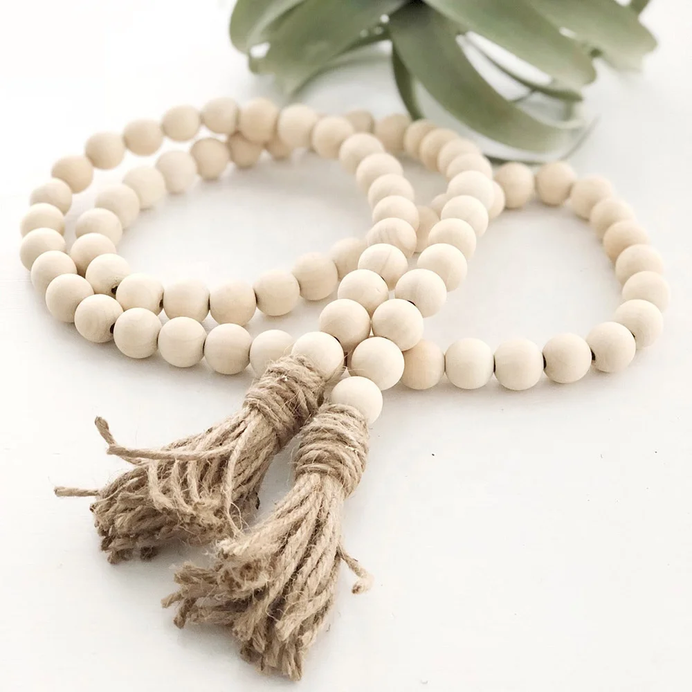 

Wood Bead Garland Farmhouse Rustic Country Beads with Tassels Decor 16mm Beads, Natural or customized