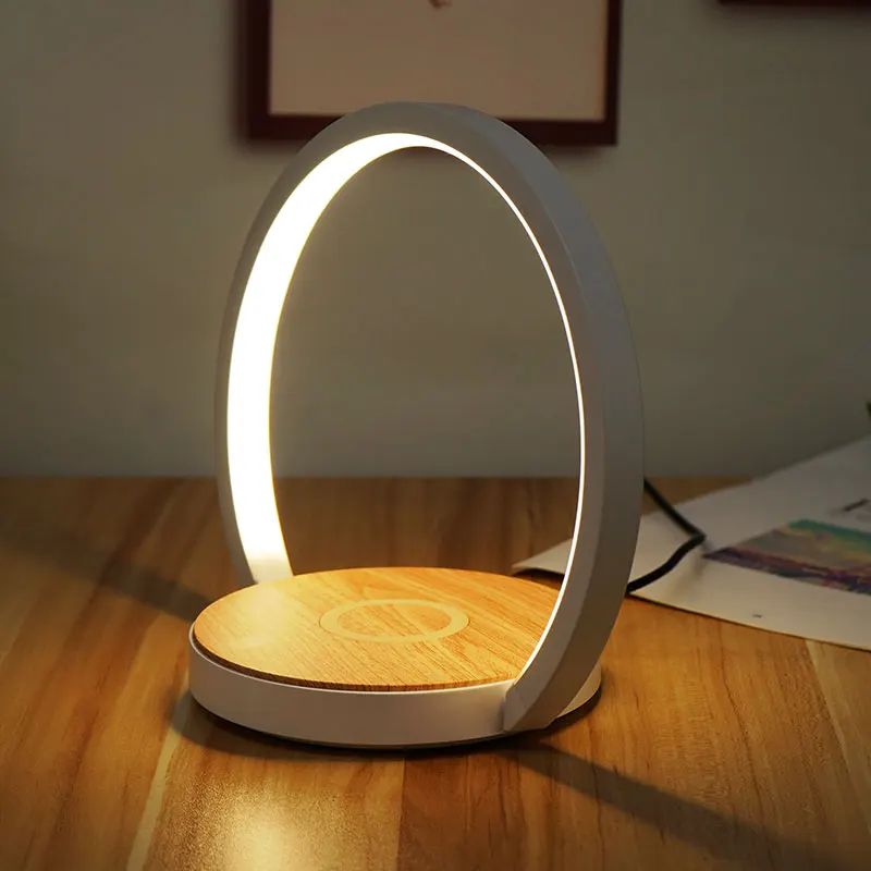 Wood Grain 2 in 1 Multifunctional Desktop Table Lamp Wireless Charger LED Night Light For Living Room