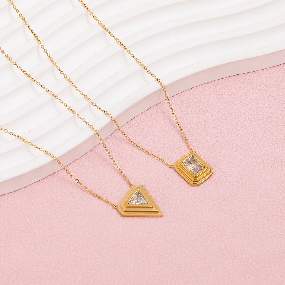 JOOLIM High End Stainless Steel Triangle Rectangle Zirconia Pendant Stair Necklace 18K Gold Plated Jewelry Tarnish Free