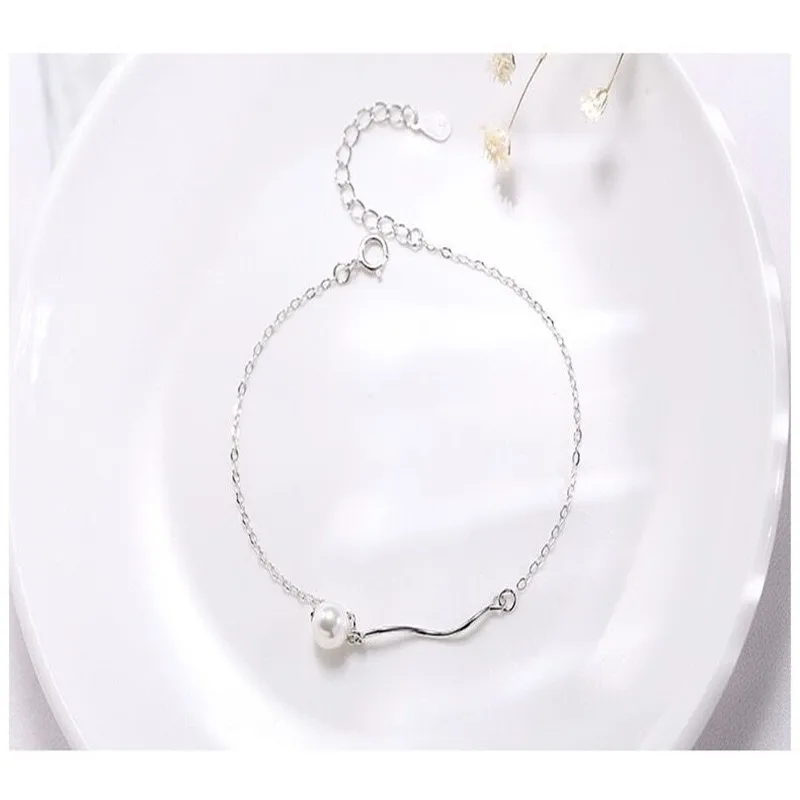 

Newest Qings High Quality 925 Sterling Silver White Pearl Charm Wave Chain Women Bracelet Girls, Gold/ silver