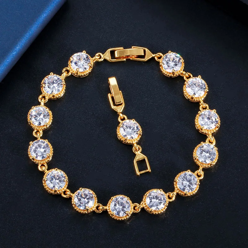 Round Cut White CZ Crystal Jewelry Bangle Women 18k Gold Plated Connected Chain Link Tennis Bracelets with Extended Clasp