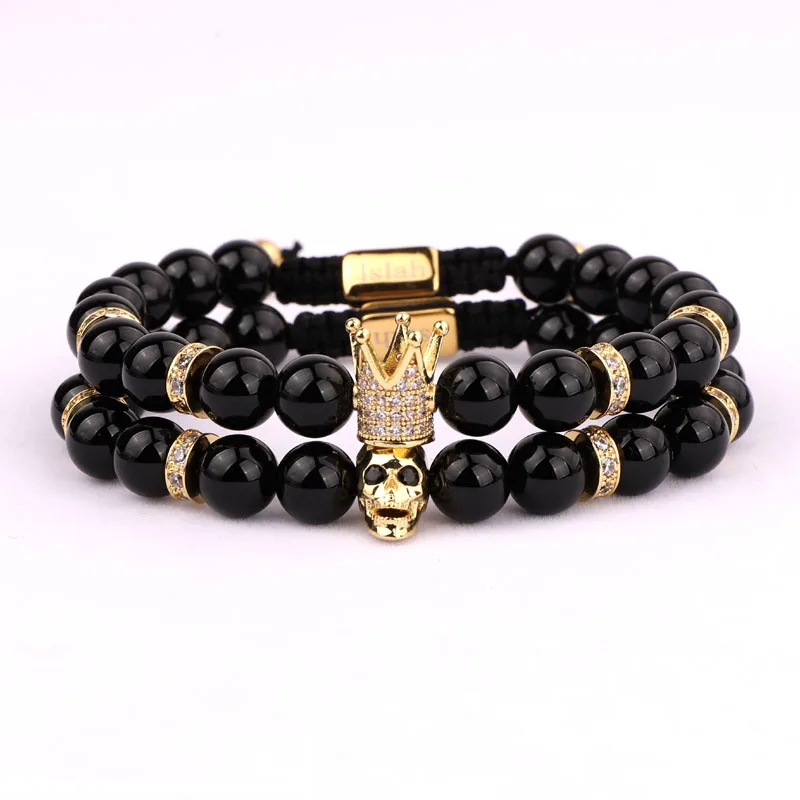 

Simple Design Jewelry Gemstone Black Onyx Micro CZ Imperial Crown And Skull Charms Adjustable Beads Men Bracelet