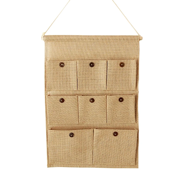 

eco-friendly jute fabric wall storage bag PE waterproof membrane wall-mounted hanging pocket