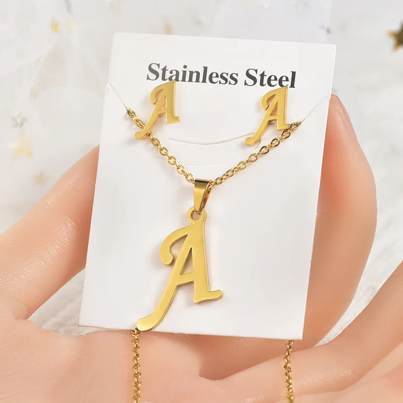 

Initial Jewelry Set Fashion Women Stainless Steel Gold Plated A-Z 26 Letters Alphabet Pendant Necklace And Earring Sets