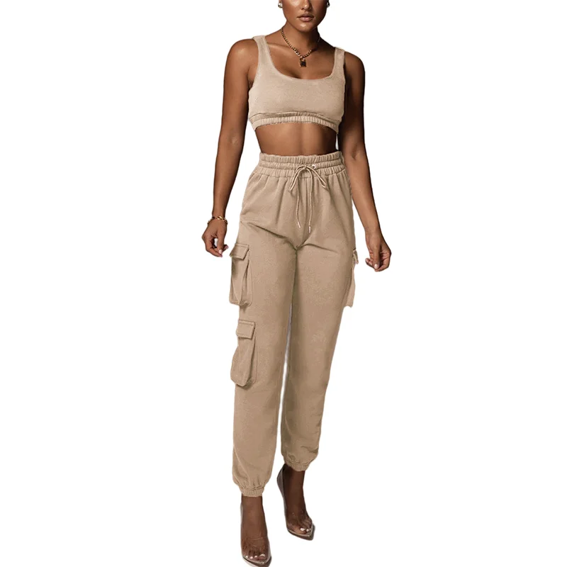 

The Cheapest Woman Solid Color 3D Pocket Top And High Waist Casual Trouser