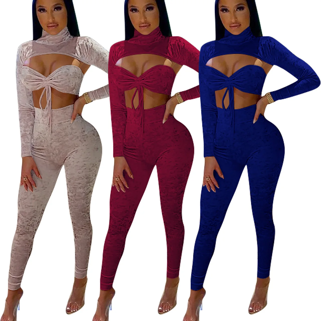 

Hot Sexy Hollow Out Crop Top And Clothing High Waist Slim Leggings Collar Long Sleeve Chest Wrapped Trousers Three Piece Set