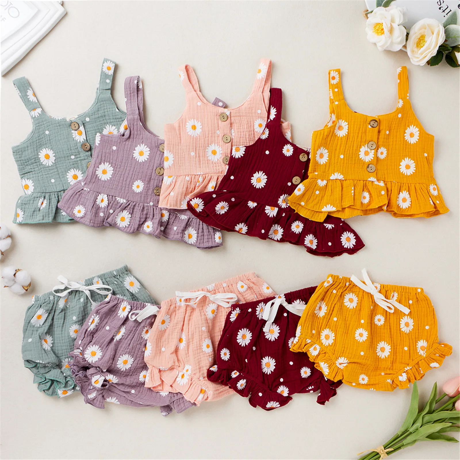 

Toddler Children Girl Daisy Sleeveless Tops Shorts Kids Outfits Summer Baby Clothes Set, Photo showed and customized color