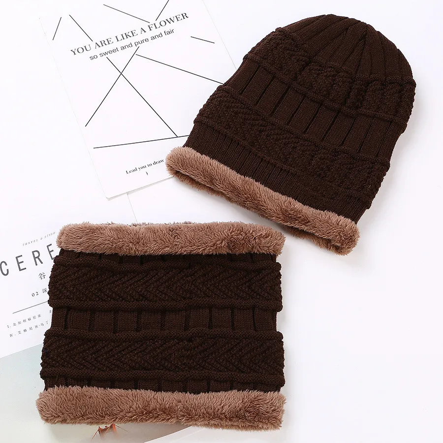 Winter Knitted Hat Scarf Set Warm Thicken Fleece Men Beanie Hat Scarf Set Solid Knit Windproof Outdoor Ski Cap Ring Scarf