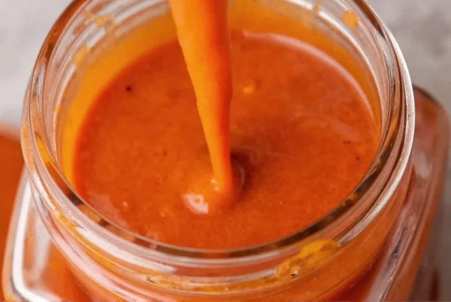 Close-up of smooth chipotle pepper sauce being poured from blender into glass jar with ingredients visible
