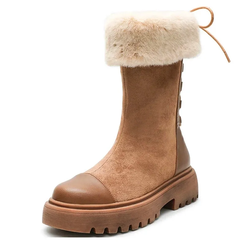 

2021 Mid-Calf Snow Boots Women Back Lace-Up Winter Boots Women Bottines Pour Les Femmes Fur Lining Flat Winter Shoes