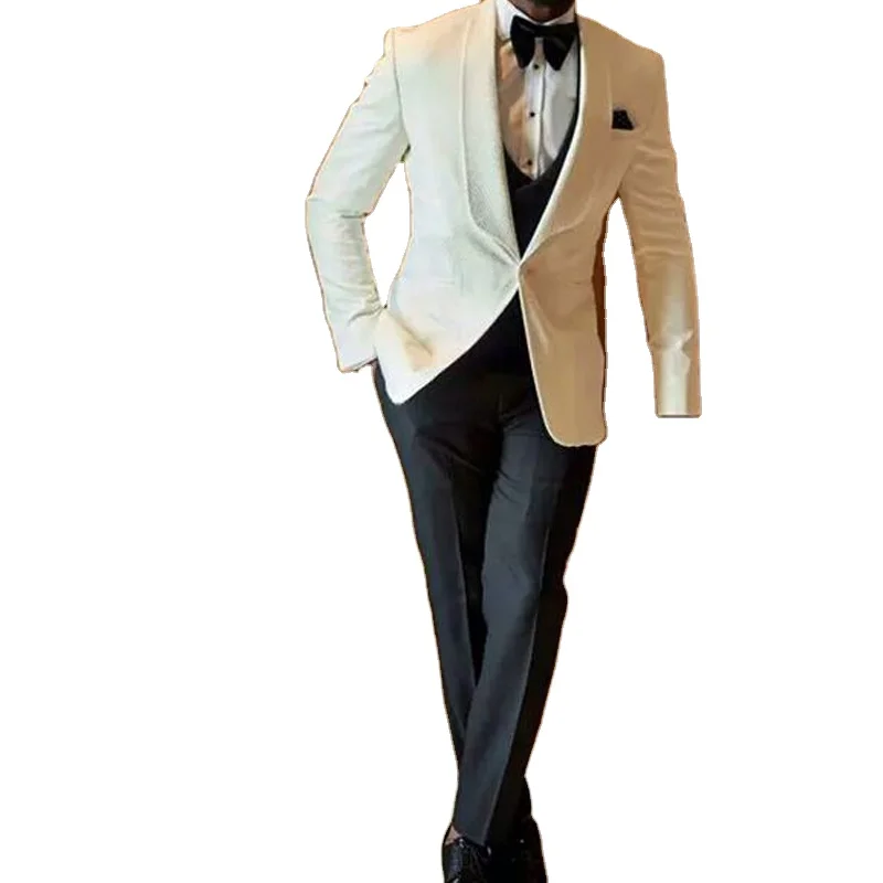 

2023 White Tuxedo Black Pants Men Suits Set Business Suits Groom Tuxedos Formal Suits Custom Made 3Pieces