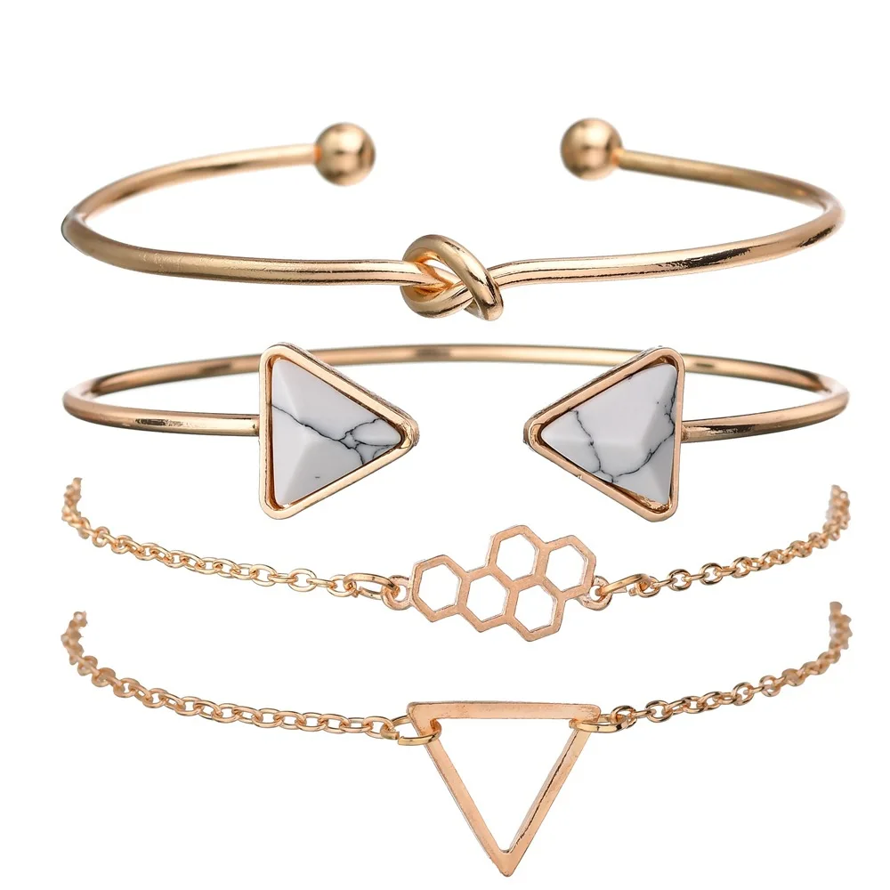 

4pcs/set Women Fashion Adjustable Gold Filled Honeycomb Marble Bracelet Open Cuff Knot Bangle Bracelet