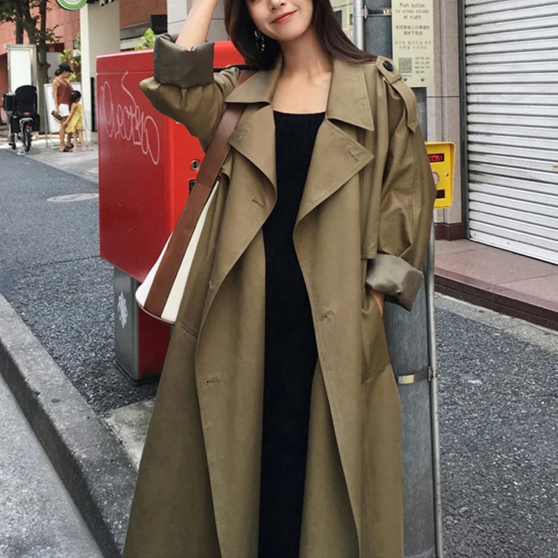 Fashion Windbreaker Women Windproof Blend Jackets Double Breasted Jackets Classic Long Trench Coat Green Trench Coat