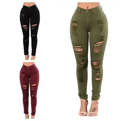 

Wholesale Female Denim Pants Stretch Pants Ripped Skinny Women's jeans