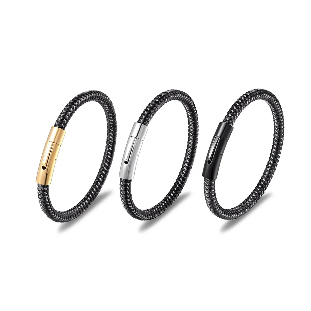 

2021 Men Stainless Steel Bar Magnetic Clasp Leather Bracelet Charm Braided Strength Bracelets Men Bangle, Black/silver/gold