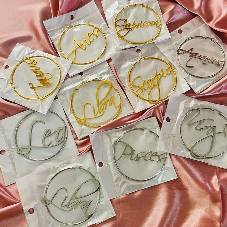 

Stainless Steel Non Tarnish Custom Gold Plated 12 Zodiac Sign Name letter Hollow Hoop Jewelry Earrings, Picture
