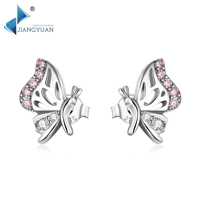 

BSE574 Jiangyuan vintage fine jewelry for women 925 sterling silver pink butterfly earring stud