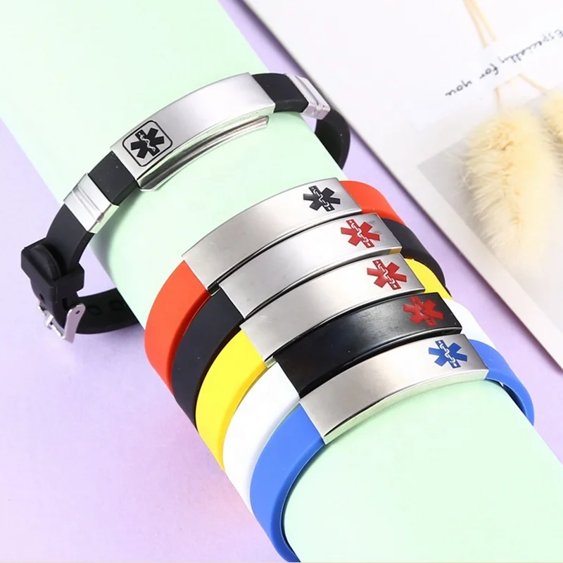 

Adjustable Silicone Wristband DIY Custom Bracelet Band Stainless Steel Rubber Medical Alert Bracelet, 5 colors