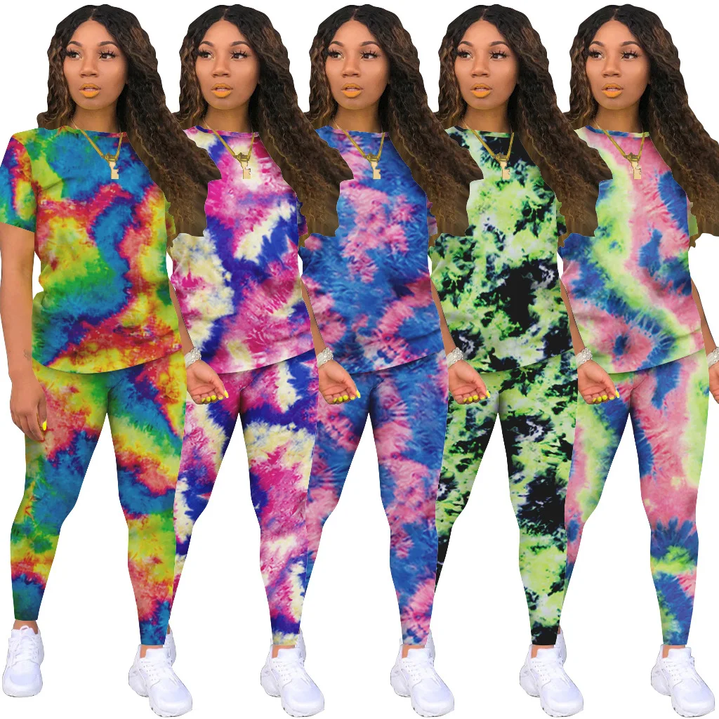 

Summer Women Casual Tracksuit Tie-dye Print Short Sleeve T-shirt Sweatpants 2 Pieces Set, Picture