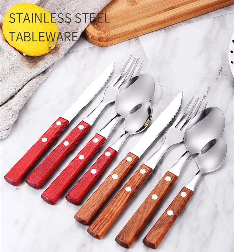 

new 2021 product reusable cutlery set stainless steel metal fork wood handle spoons forks and knives for events wooden flatware, Light wood/dark wood