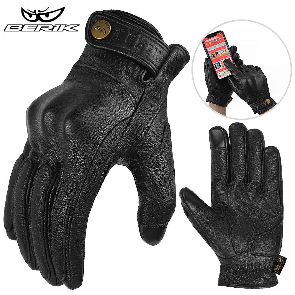 

BERIK Vintage Deerskin Leather Motorcycle Gloves Men Durable Motorbike Glove Street Moto Touch Screen Protective Glove Motocross