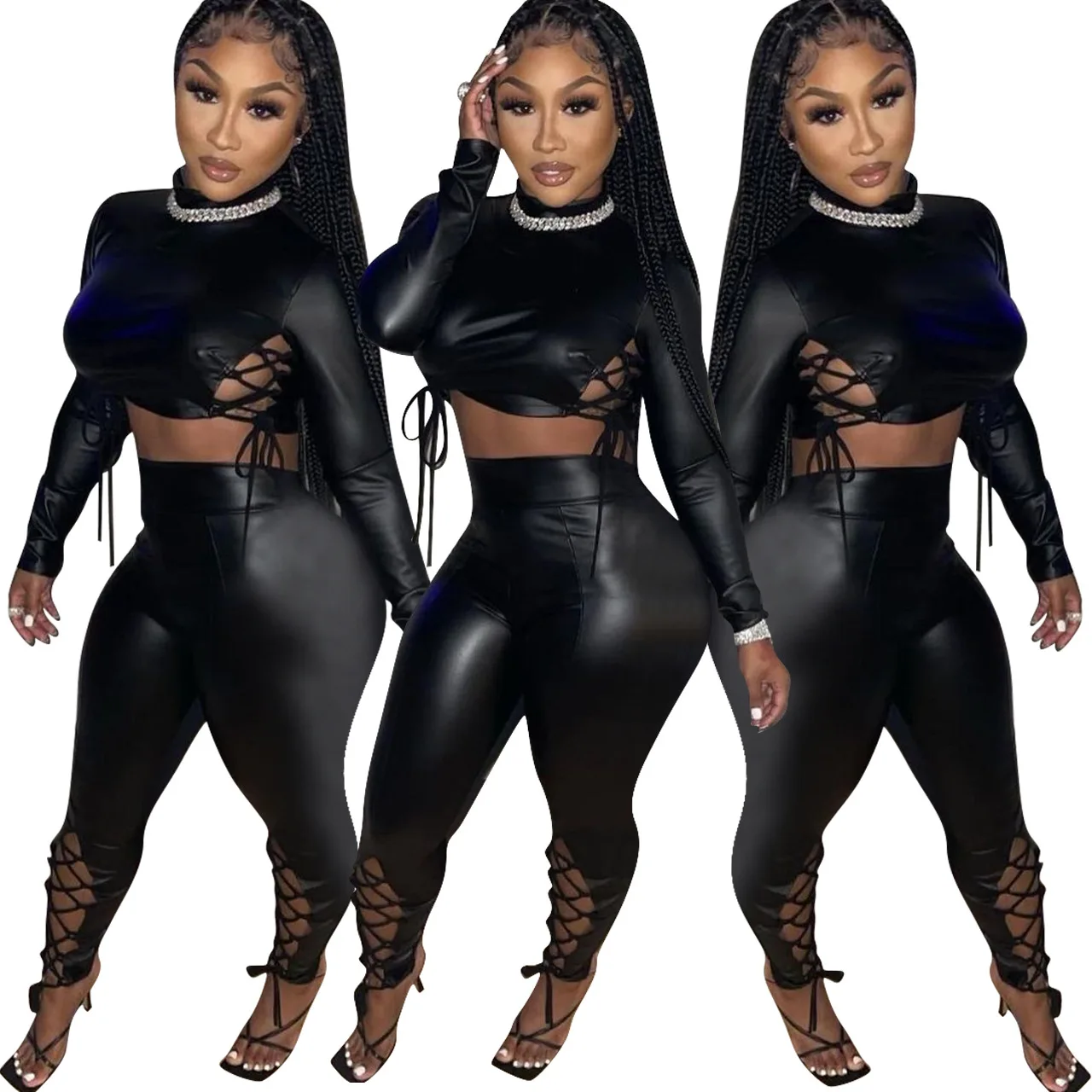 

Fall Women Clothing 2021 Pu Turtleneck Cop Top And Hight Waist Pants Suit Bandage Pu Leather 2 Piece Set