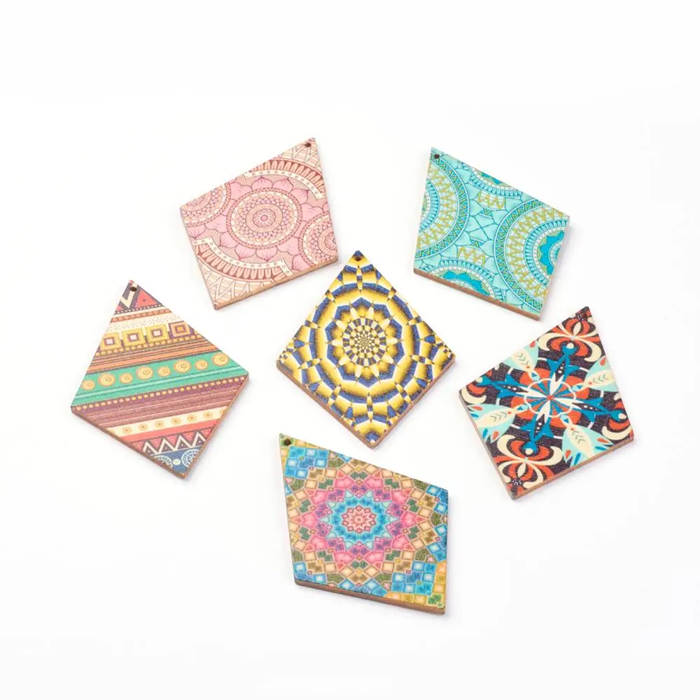 

PandaHall Mixed Color Rhombus Pattern Printed Wooden Large Pendants