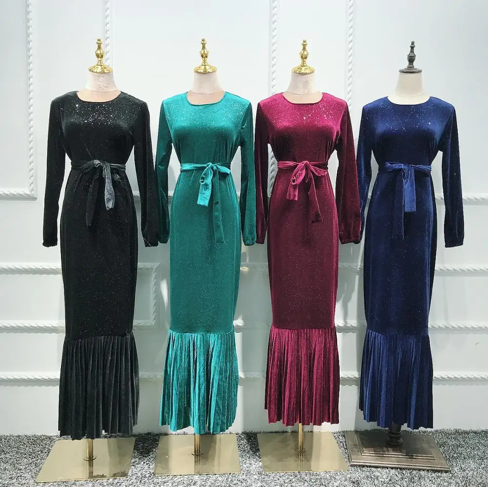 

2019 new arrival fashion design in shinny velvet wholesale price top quality muslim turkey abaya, Navy,black,wine, green