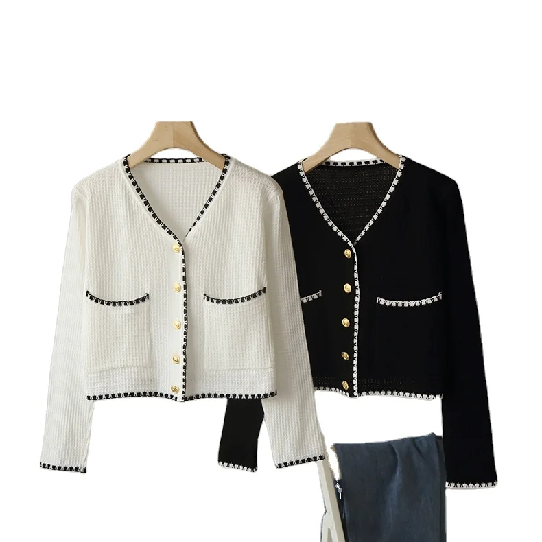 

Early autumn women's V-neck contrast color V-neck long-sleeved knitted cardigan jacket