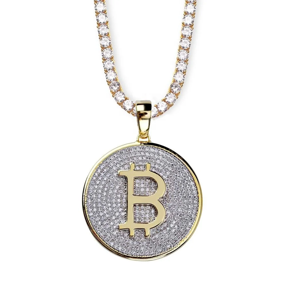 

Bling Bitcoin Pendant with Micro Inlaid Zircon Hip Hop Pendant Necklace for Men Women Rapper Hip Hop Jewelry Best Gift New Bling, Gold