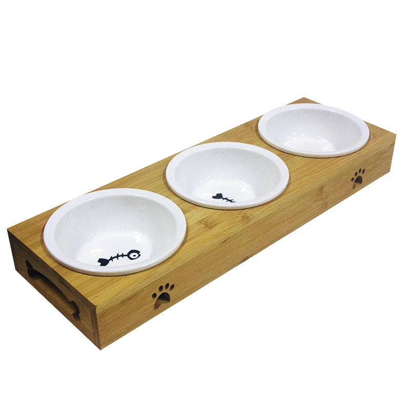

Linu amazon Raised Pet Bowls for Cats and Dogs Adjustable Bamboo Elevated Feeder Stand with 3 ceramic Bowls, White bowl