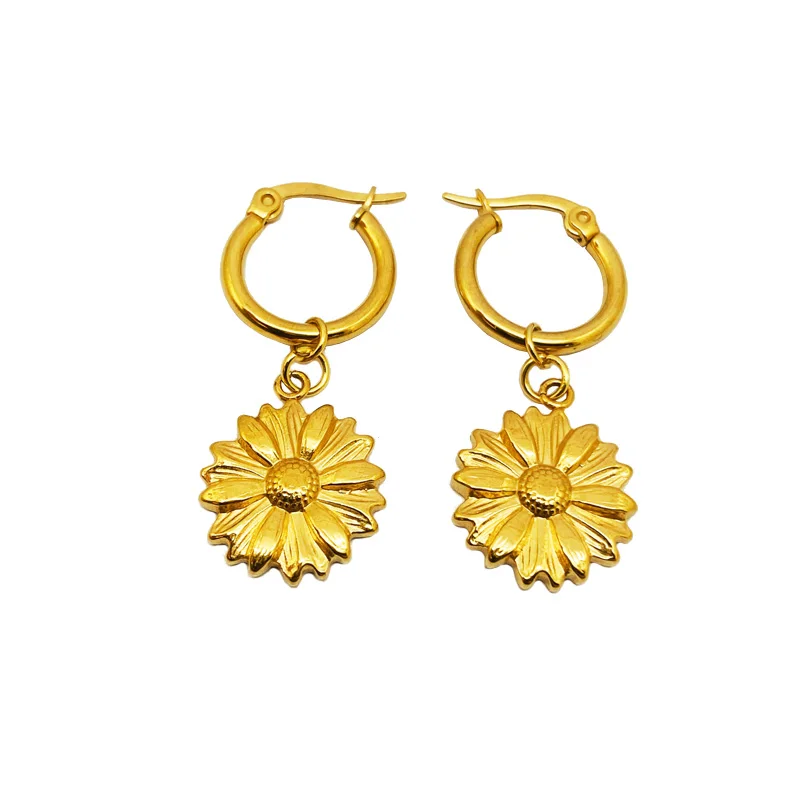 

Olivia 18k Gold Flower Dangle Huggie Hoop Earring Women Girl daisys sunflower Celestial Dainty Hoops Delicate Layering Earrings