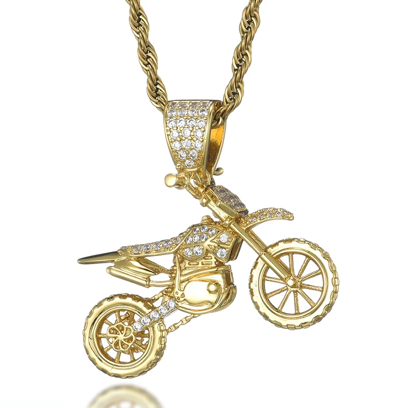 Hip Hop Motorcycle Brass Zircon Pendant Gold Silver Iced Out Necklace Pendant