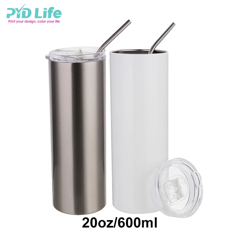 

Stainless Steel 20 oz Skinny Tumblers Double Wall Insulated Straight Wine Sublimation Blank Tumbler With Lids And Straws, Silver/white
