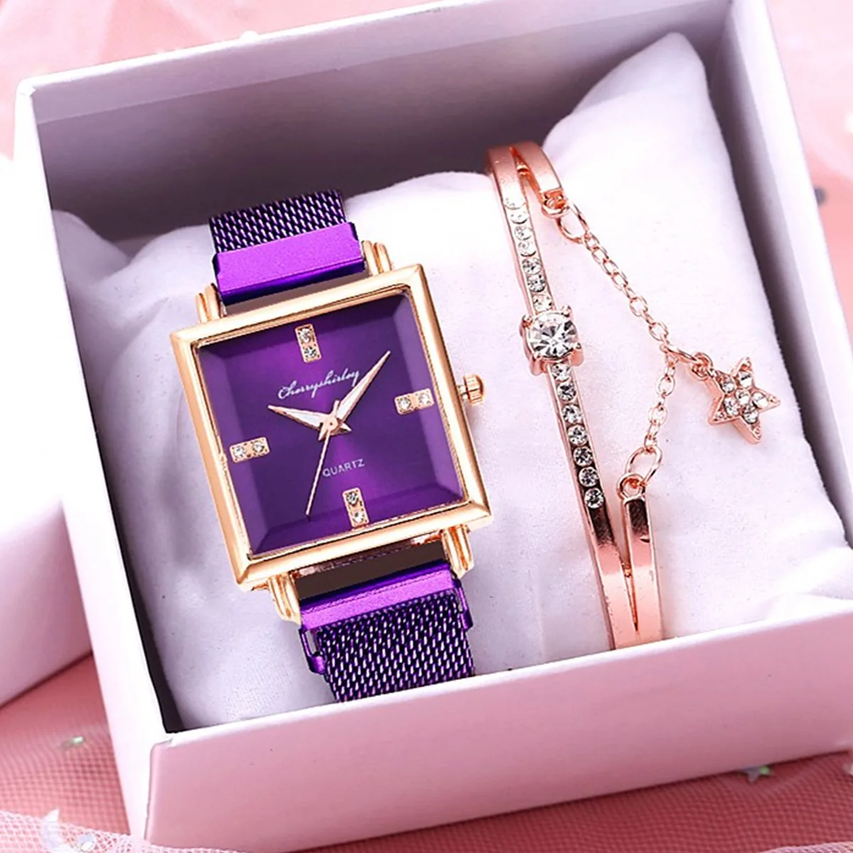 

2pcs/set wach women fashion creative square dial magnet buckle mesh quartz ladies watch star bracelet montre femme