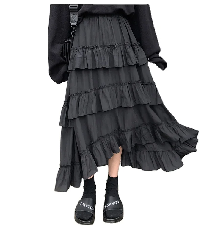 

Midi Long Skirts Womens Maxi Skirt Goth Lolita Summer High Waisted Asymmetrical High Low Ruched Ruffle Skirts rok, Customized color