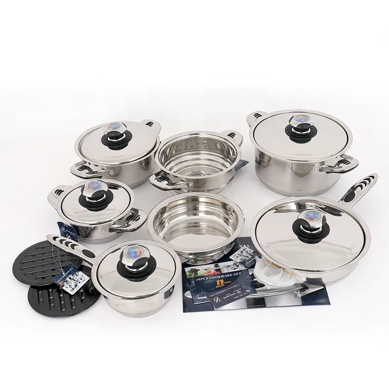 

Wholesale 16pcs Pots And Pans With Bakelite Handle Nonstick Cookware Sets Stainless Steel Kitchenware In Stock, Silver rivet handle