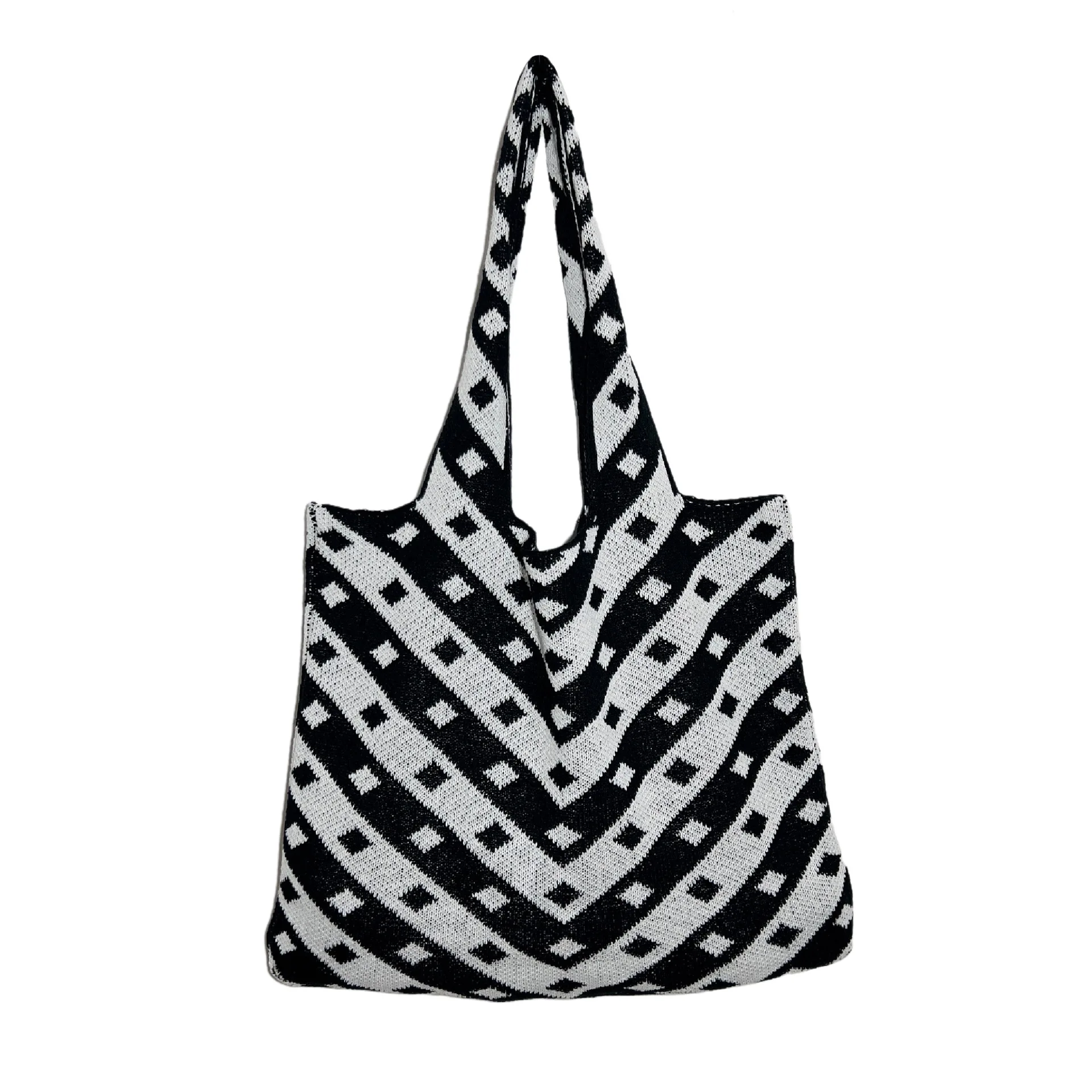 

Casual All-match Diamond Stripe Pattern Large Capacity Shoulder Bag Grid Wool Knitted DIY Crochet Travel Beach Handbag