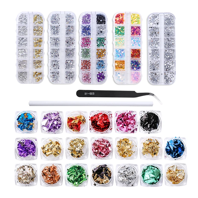 

Qiao Colorful Glitter Foil Flakes Resin kit Flatback Rhinestone Nails Kits for Nail Art Decorations Supplies