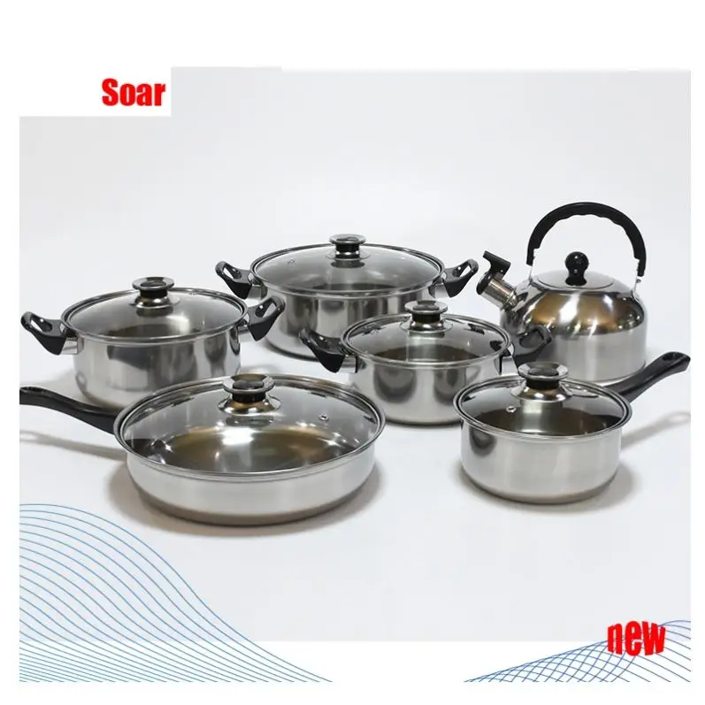 

Low Price Pots And Pans Set 12Pcs Stainless Steel Cookware With Whistling Kettle, Stainless steel color