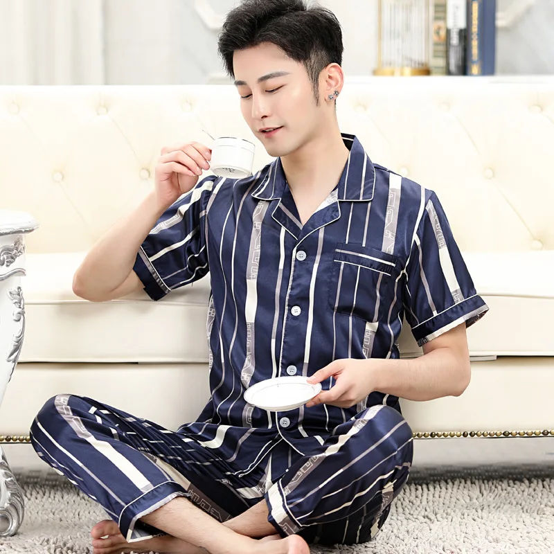 

Wholesale Silk Pajama Set Satin Pyjamas Pijamas Men's Sleepwear Plus Size lounge Home Wear Men Pajamas