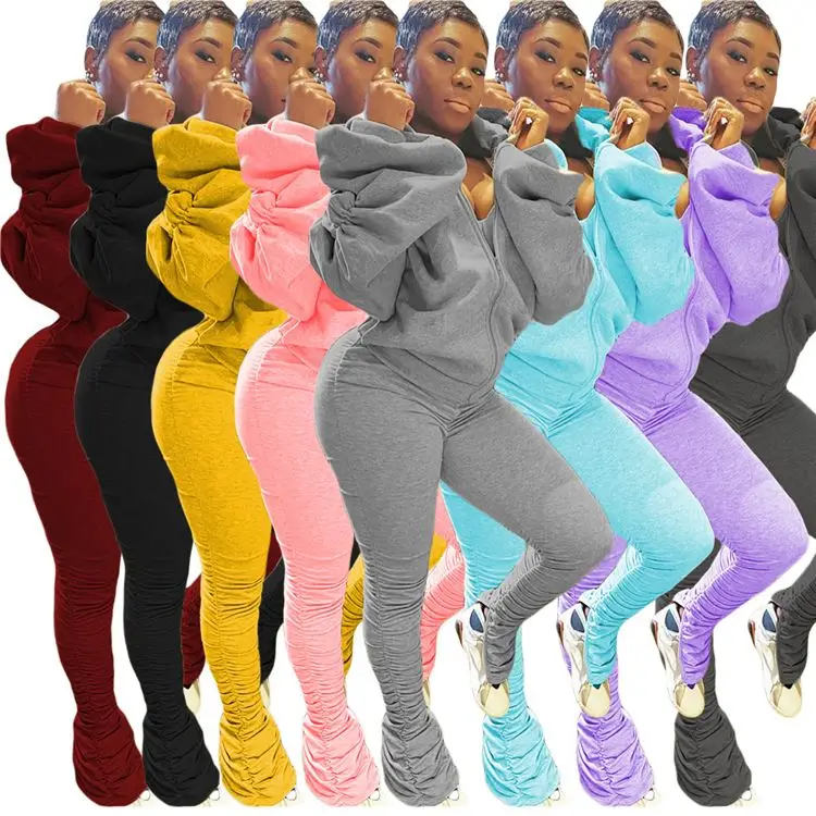 

Fashion 2021 clothing for women Backless Hooded Collar Ruched Women Fall Outfits 2 Piece Stacked Pants Set