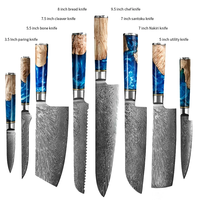 

Professional 8PCS Damascus knife set kitchen knife VG10 67 Layers Carbon Steel knife set chef with Blue Resin Handle