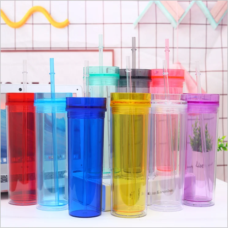 

Free Shipping USA In Warehouse 16 oz Double Wall Plastic Tumbler Acrylic Plastic Water Bottle Travel Mug With Straw, Transparent/green/blue/purple