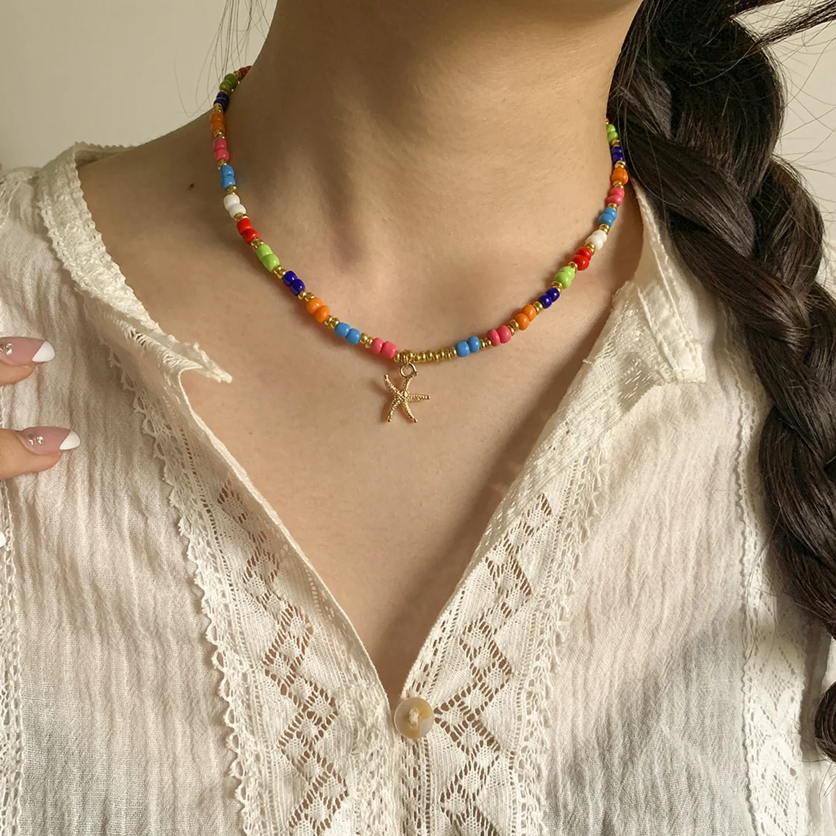 

Bohemian New Popular Rainbow Seed Beaded Chain Choker Necklace Multi Color Beads Gold Star Pendant Necklace